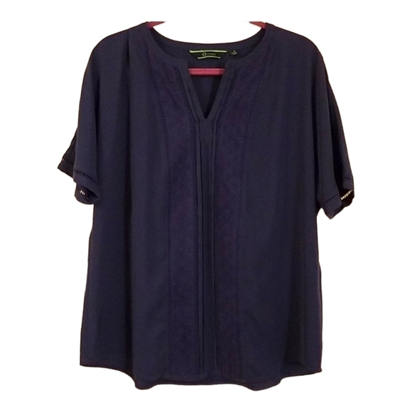 C Wonder Navy Blue V Neck Embroidered Blouse - Picture 1 of 7